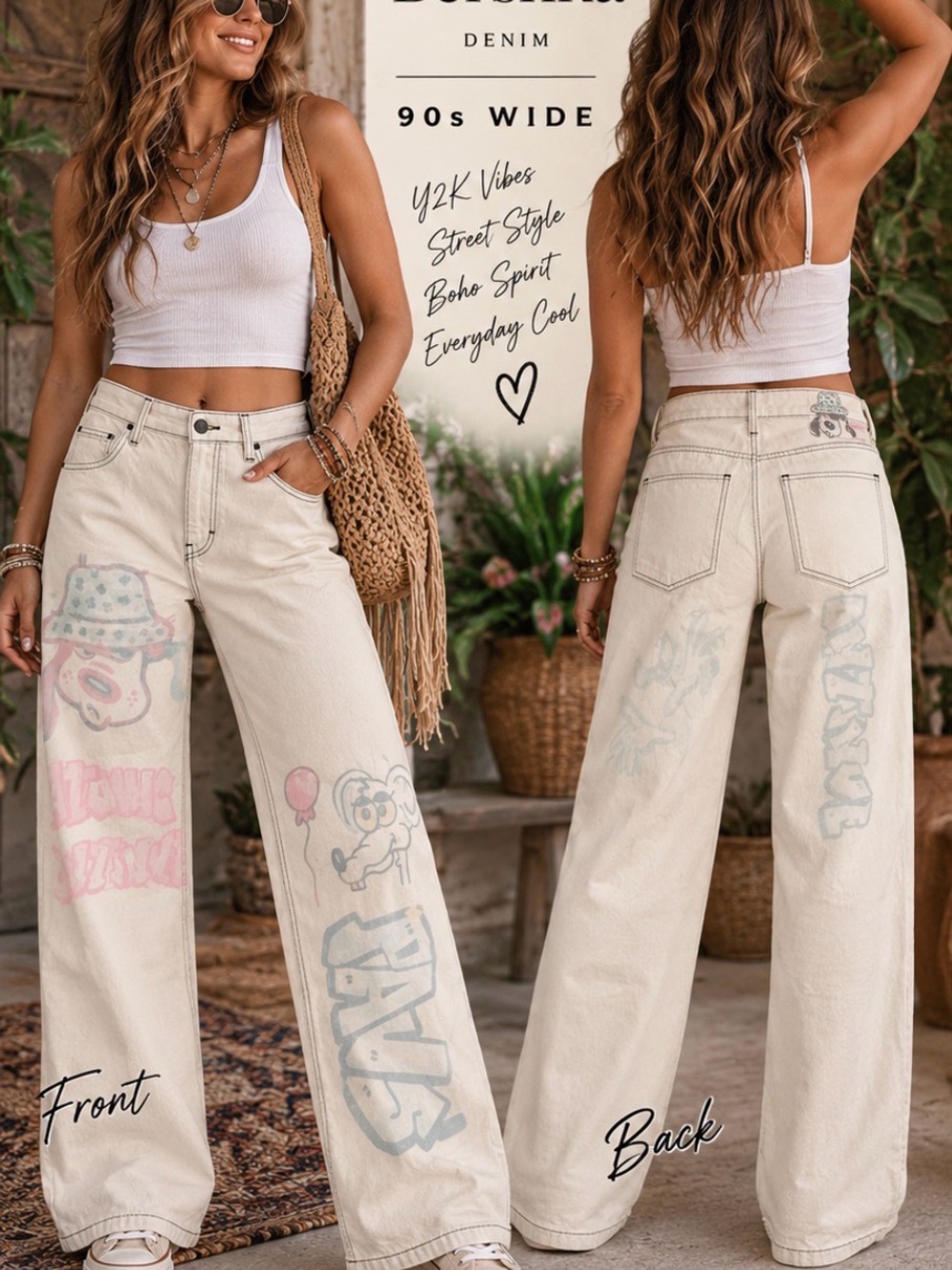 Bershka Cream Wide-Leg Jeans with Pastel Graphics